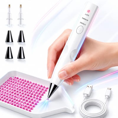 5 Stuks Elektrische Diamond Painting Pen Set - Diamantverfkwast - 3 Zuigniveaus - Verwisselbare Opzetstukken - Geluidsarm - Met Vacuümtechniek – Oplaadbaar Via Usb-C - Diamond Painting Accesoires - Wit