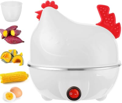 Eierkoker - Elektrische Eierkoker - Voor 7 eieren - Kipvormige Eierkoker - Snelle Eierkoker - Mini-ontbijtmachine - Snel, Draagbaar & Automatische Uitschakeling - Voor Keuken & Studentenkamer - Geweldig Cadeau voor Vrouw & Man - Wit - 1 Stuk