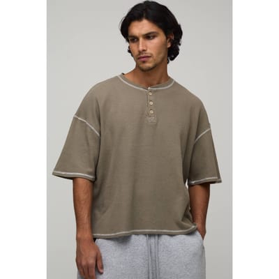 Oversized Boxy Acid Wash Waffle Henley T-Shirt | Khaki | Size Small