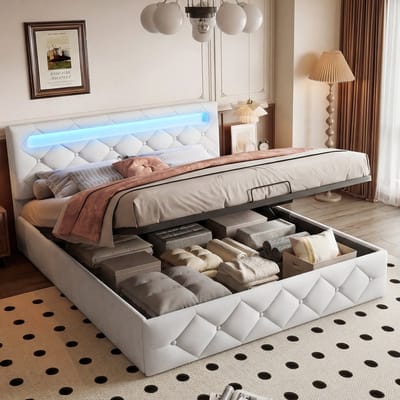 Opbergbed 140x200 cm met ledverlichting - Tweepersoonsbed met verstelbaar, gewatteerd hoofdeinde - Bed met opbergruimte en lattenbodem - fluweel Beige