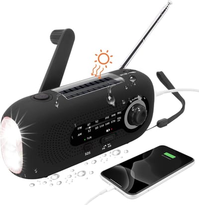 Noodradio - Radio voor Nood met Zonne-energie en Zwengel - Dynamo-radio met AM/FM - Ingebouwde 2000 mAh batterij - 4 modi led-zaklamp - SOS-alarm voor buitenshuis