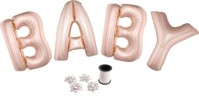 Folie ballonset roze met letters BABY 102 cm + geschenklint 10m met 4 witte strikken