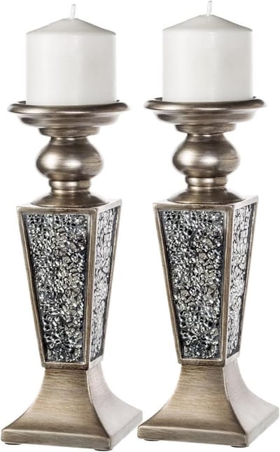 Kandelaar Set - Kaarsenhouder Decoratie - Tafeldecoratie Creëren - Mozaïek Design Gekroefd - 27.3 cm Hoog - Zilver
