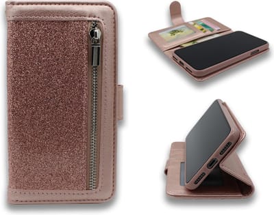 HB Hoesje Geschikt voor Apple iPhone 12 Mini - Rosegoud - Glitter - Luxe Portemonnee Book Case met Rits