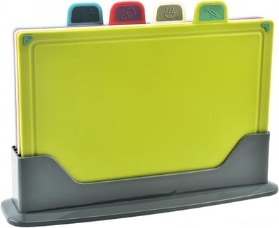 Snijplank - Snijplankenset met Houder - Set van 4 Kunststof Snijplanken - 30 x 20 CM - Meerkleurige Snijplanken met Standaard - Antislip - Dik en Vaatwasmachinebestendig - 4 Kleuren voor Verschillende Soorten Levensmiddelen