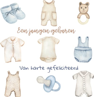 Wenskaart gefeliciteerd geboorte zoon jongenskleren – 13x13 cm – gevouwen kaart – inclusief witte envelop – stevig papier – geboortekaart jongen