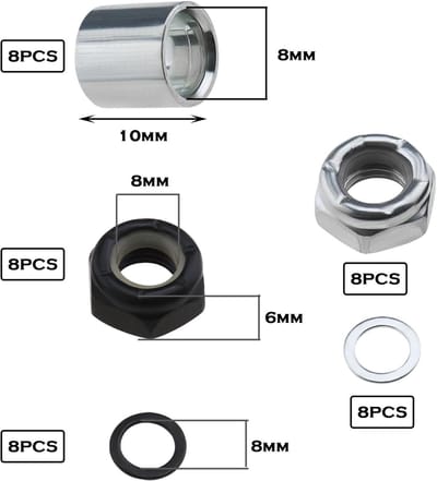 Rebuild Kit voor Skateboard Trucks met Speed Washers, Bearing Spacers en Lock Nuts - Multicolor 8mm