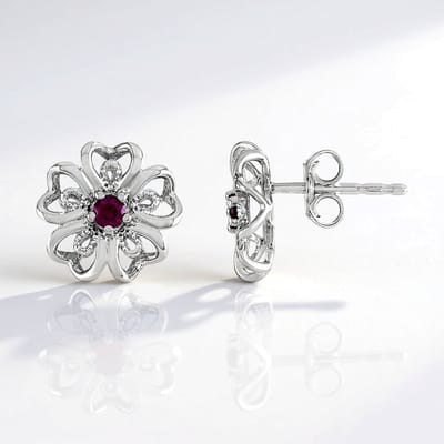Cavill - Oorbellen 925 Sterling Zilver - Platinagoud Verguld - 0,259 ct Rhodoliet Rond - Modern Elegant Bloemdesign - Comfortabele Steeksluiting