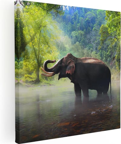 Artaza Canvas Schilderij Olifant In Rivier - 30x30 cm - Klein - Wanddecoratie Dieren - Muurdecoratie Jungle - Kamer Accessoires
