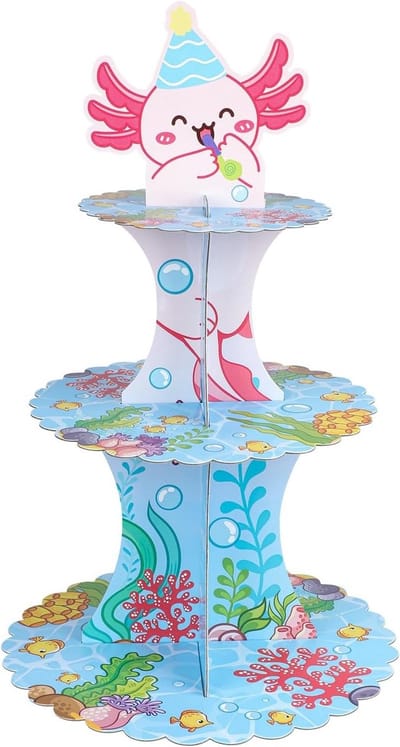 3-Layer Axolotl Cupcake Stand - Schattige Roze Dieren Taart Houder voor Verjaardagsfeesten, Babyshowers en Thema Evenementen