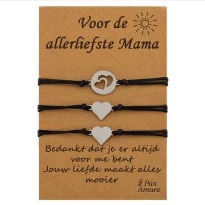 Moeder Kind Armbandjes voor 3 "Voor de Allerliefste Mama" - Meedere Hartjes - Vriendschapsarmbandjes met Persoonlijk Cadeau Kaartje - Zilverkleurig - Elastisch Verstelbaar - Pax Amare