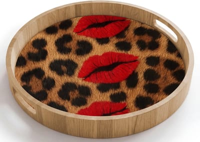 Dienblad rond 40x40 cm - Schootdienblad hout - Lippen - Drie - Rood - Panterprint - Borrelplank rechthoek - Plateau houten dienbladen
