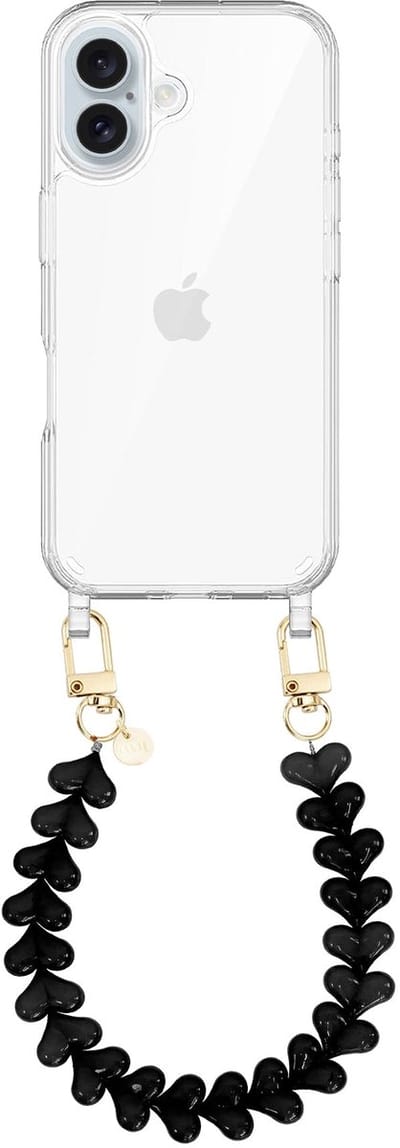 xoxo Wildhearts siliconen hoesje - Geschikt voor iPhone 17 hoesje - Funky Hearts - Telefoonhoesje - Hoesje met koord - Zwart koord - kort telefoonkoord - Hartjes ketting - Transparant hoesje