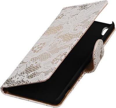 Wit Lace booktype wallet cover - telefoonhoesje - smartphone hoesje - beschermhoes - book case - hoesje voor LG Joy