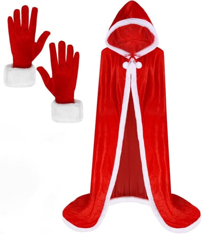Dailygoody - Kerstmankostuum - Kerstmancape - Feestelijk kostuum met handschoenen - Rood - Cosplay-kostuum - Perfect voor kerstfeesten - Geschikt voor...