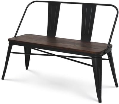 Zwarte metalen bank met donkere houten rugleuning en zitting - Industrieel design