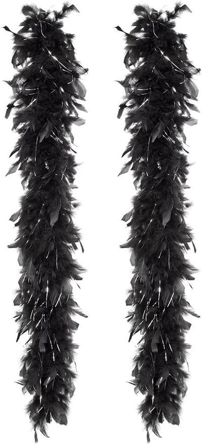 Boland Carnaval verkleed boa met veren - 2x - zwart/zilver - 180 cm - 50 gram - Glitter and Glamour