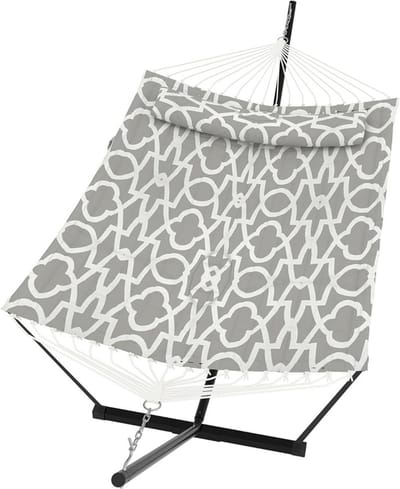 Hangmat met Standaard - 2-Persoons Hangmat - Inclusief Kussen en Balanstouw - Belastbaar tot 205 kg - Dubbele Hangmat voor Buiten - Tuin & Terras - Lichtgrijs