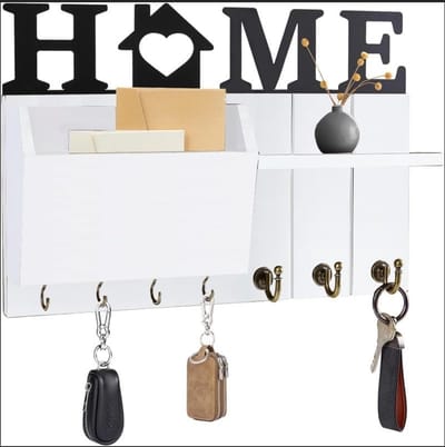 PromoHome Houten Sleutelplank met 6 Haken - Wandsleutelhouder Organizer - Vintage Stijl - Woonkamer Studie Decoratie - Wit