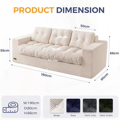 3-zits zitzak bank corduroy 190 x 85 x 75 cm – luxe loveseat slaapbank met armleuningen, gecapitonneerd design, memory foam vulling, bekerhouder, zonder montage – crème – HomebyNicole