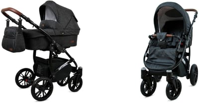 BabyLux® Kinderwagen 2in1 – OPTIMAL - BLACK FLEX BLACK FRAME - Opklapbare Wandelwagen incl. Reiswieg, Multifunctionele Buggy Sportstoel - Combi-kinderwagen met Luiertas, Regenhoes, Klamboe, Bekerhouder, etc.