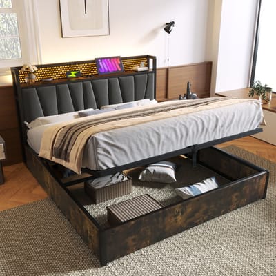 Wishdor Gestoffeerd Metalen Bedframe 160x200 cm – LED-Hoofdbord met App – Stopcontact en USB – Opbergruimte – Linnen – Grijs