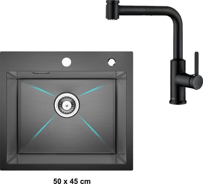 CECIPA max Spoelbak Met Keukenkraan - Spoelbakken Keuken 50 x 45 cm Antraciet - Enkele spoelbak - roestvrij staal Spoelbak - Wasbak met waterafvoersysteem - RVS