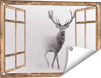 Gards Tuinposter Doorkijk Hert - Zwart Wit - 60x40 cm - Tuindoek - Tuindecoratie - Wanddecoratie buiten - Tuinschilderij