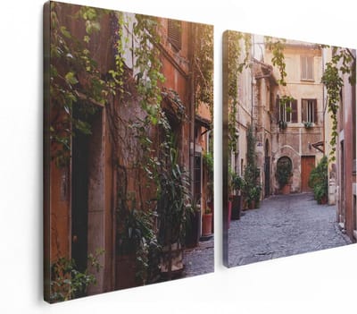 Artaza Canvas Schilderij Tweeluik Straatje in Rome met Groene Planten - 120x80 - Foto Op Canvas - Canvas Print