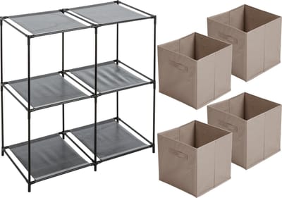 Urban Living Kastmandjes/opberg manden - beige - 4x stuks van 29L - Metalen rekje is 67 x 68 cm