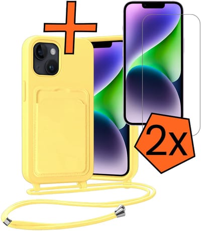 Hoesje Geschikt voor iPhone 13 Hoesje Met Telefoonketting Pasjeshouder Case Met 2x Screenprotector Koord - Hoesje Geschikt voor iPhone 13 Hoes Met Kaarthouder - Geel