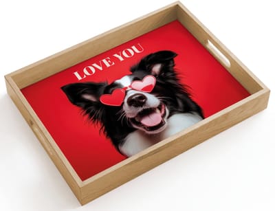 Dienblad hout 40x30 cm - Schootdienblad - Hond - Hartjesbril - Loveyou - Rood - Borrelplank rechthoek - Plateau dienbladen