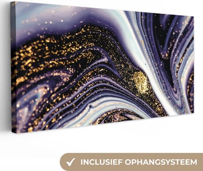 Canvas schilderij 80x40 cm - Wanddecoratie Marmer - Paars - Luxe - Marmerlook - Glitter - Muurdecoratie woonkamer - Slaapkamer decoratie - Kamer accessoires - Schilderijen op canvas