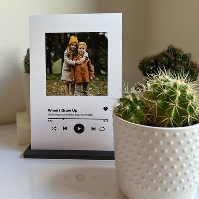 SpotiFrame - Spotify Kunststof plaat wit inclusief standaard - 30x20cm - Gepersonaliseerd met foto en tekst