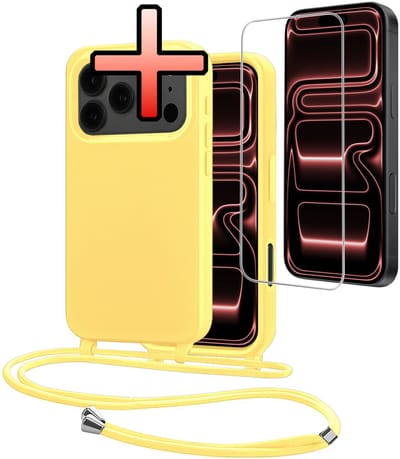 Hoes Geschikt voor iPhone 17 Pro Met Telefoonkoord Met Screenprotector - Siliconen Hoesje Backcover Met Ketting - Geel