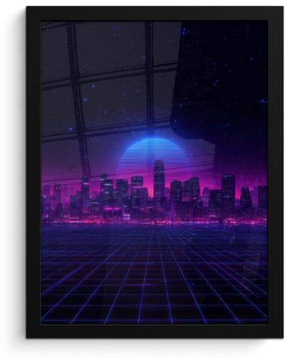Poster in lijst - Fotolijst 30x40 cm - Posters - Skyline - Zon - Neon - Rasterpatroon - Posterlijst zwart - Decoratie - Wanddecoratie woonkamer - Muurdecoratie slaapkamer