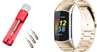 Strap-it Stalen Smartwatch band + Toolkit - Geschikt voor Fitbit Charge 5 / Fitbit Charge 6 stalen band - champagne - Horlogeband / Polsband / Armband - RVS armband - Stalen schakel band
