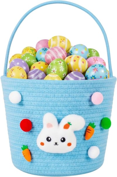 Bunny Paaskorven met Handvat, Katoenen Touw Eierenjacht Emmers, Draagbare Tas voor Snoepopslag, Cadeaus en Feestdecoratie, Blauw