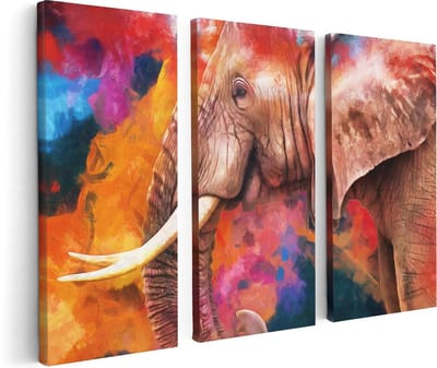 Artaza Canvas Schilderij Drieluik Kleurrijke Olifant - Abstract - 120x80 cm - Wanddecoratie Woonkamer - Schilderijen - Muurdecoratie