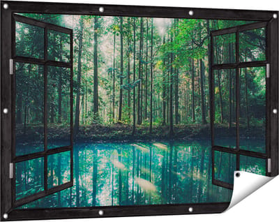 Gards Tuinposter Doorkijk Bos bij een Groen Meer - 120x80 cm - Tuindoek - Tuindecoratie - Wanddecoratie buiten - Tuinschilderij