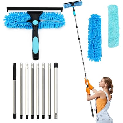 4M Glasreiniger Kit Glasreiniging met Siliconen Wisser en Microvezelborstel, Professionele Glaswisser, Telescopische Glaswasser blauw