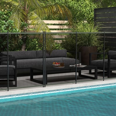 MEUNIQ tuinhek 365 x 126 cm 4-delig gaashek voor zwembad en tuin, aluminium veiligheidshek met voet en bevestiging, zwart, voor terras en buitengebruik