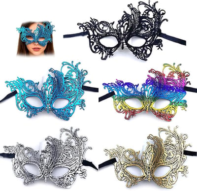 Vrouwelijke Lacemaskers Set van 5 - Zwart, Goud, Zilver, Blauw en Kleurrijk - Perfect voor Bal, Carnaval en Cosplay Feesten, 21 x 16 cm