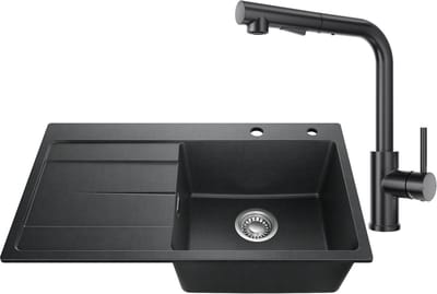 SOFETIY MAX Granieten Spoelbak 78x45CM Zwart - Spoelbakken Keuken Met Lagedruk Keukenkraan - Spoelbak Met Planchet en Afdruiprek - Spoelbakken Incl. Sifon en Afvoerzeefje