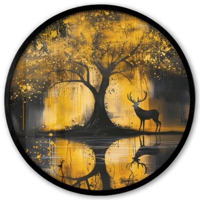 Poster in lijst Rond - Fotolijst 40x40 cm - Posters - Boom - Verflook - Hert - Natuur - Goud - Ronde posterlijst zwart - Decoratie - Wanddecoratie woonkamer - Muurdecoratie slaapkamer