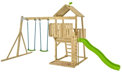 KINGSWOOD toren speeltuin - ladder - platform - balkon - zandbak - glijbaan - 2 schommels - FSC® hout h306 cm