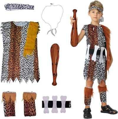 Kinderen Grottenmens Kostuum, Prehistorisch Kostuum voor Jongens en Meisjes, Ideaal voor Halloween en Carnavalsfeesten, Uniek en Creatief Verkleedkostuum