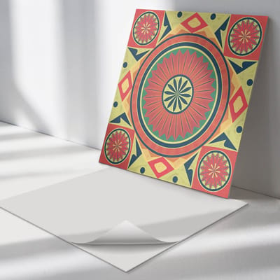 Wallfluent Vinyl Tegels - Geometrisch Mandalapatroon Vinyl Wandtegels - 30 cm x 30 cm - Rood PVC Tegels - Set van 9 - Vierkant PVC Tegels - Patroon Plaktegels - Wand PVC Tegels - Plaktegels Keuken en Badkamer