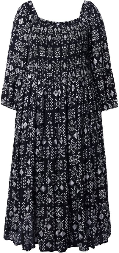 Ulla Popken - Dames - Maxi-jurk A-lijn carréhals 3/4-mouwen - Zwart - Maat 46+