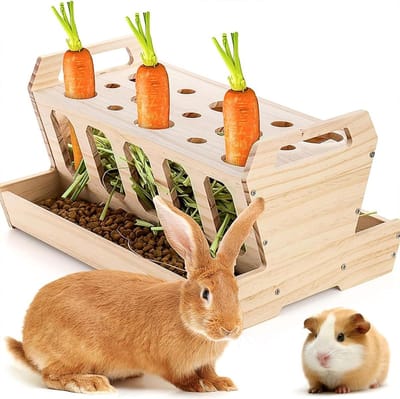 Houten Voederstation voor Konijnen - Grote Capaciteit Automatische Hooi- en Wortelvoedering voor Konijnen, Cavia's en Chinchilla's, 30 x 22 x 18 cm